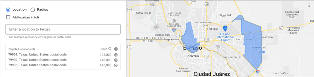 The location map for a pay-per-click campaign