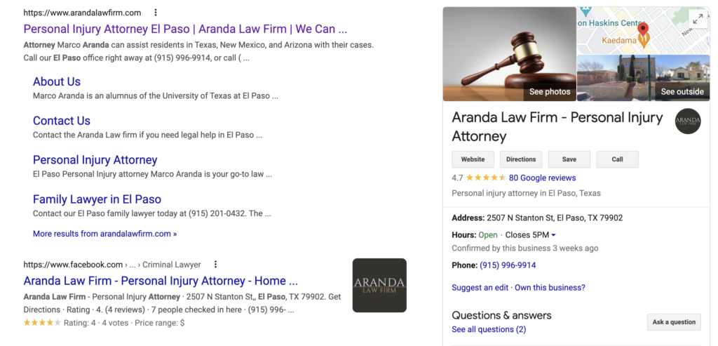 A local law firm's Google My Business profile displaying the main service pages, hours, location, etc.