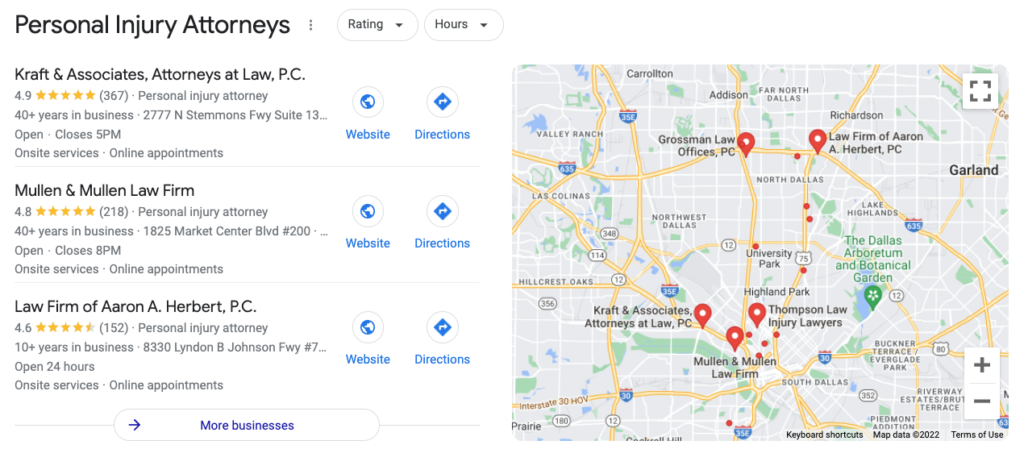 A Google Maps Pack displaying personal injury lawyers in Dallas with no Spam
