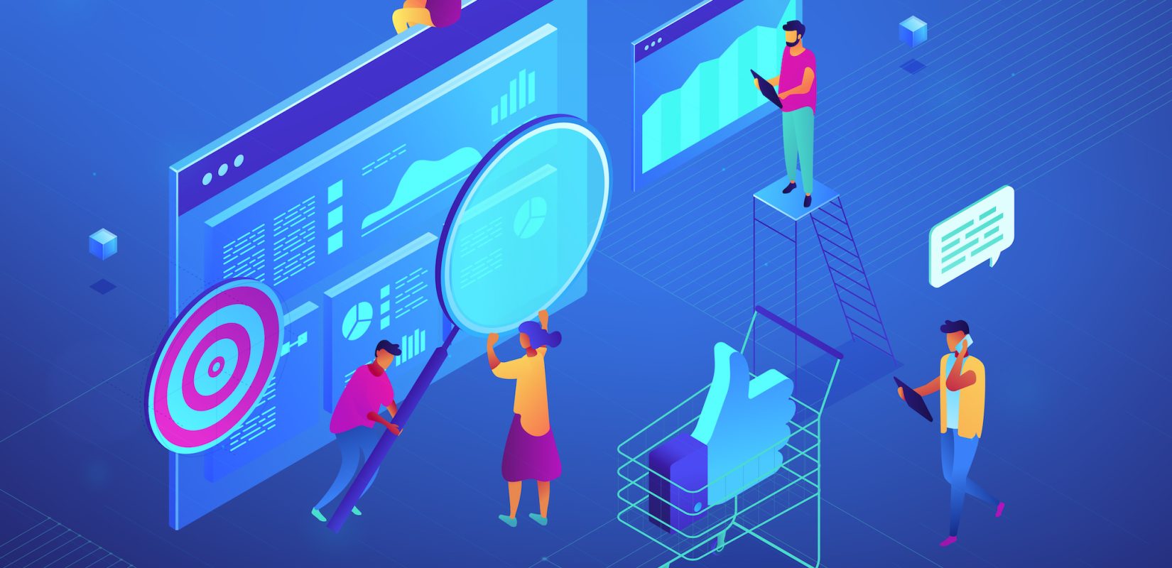 Isometric digital marketing strategy team illustration.