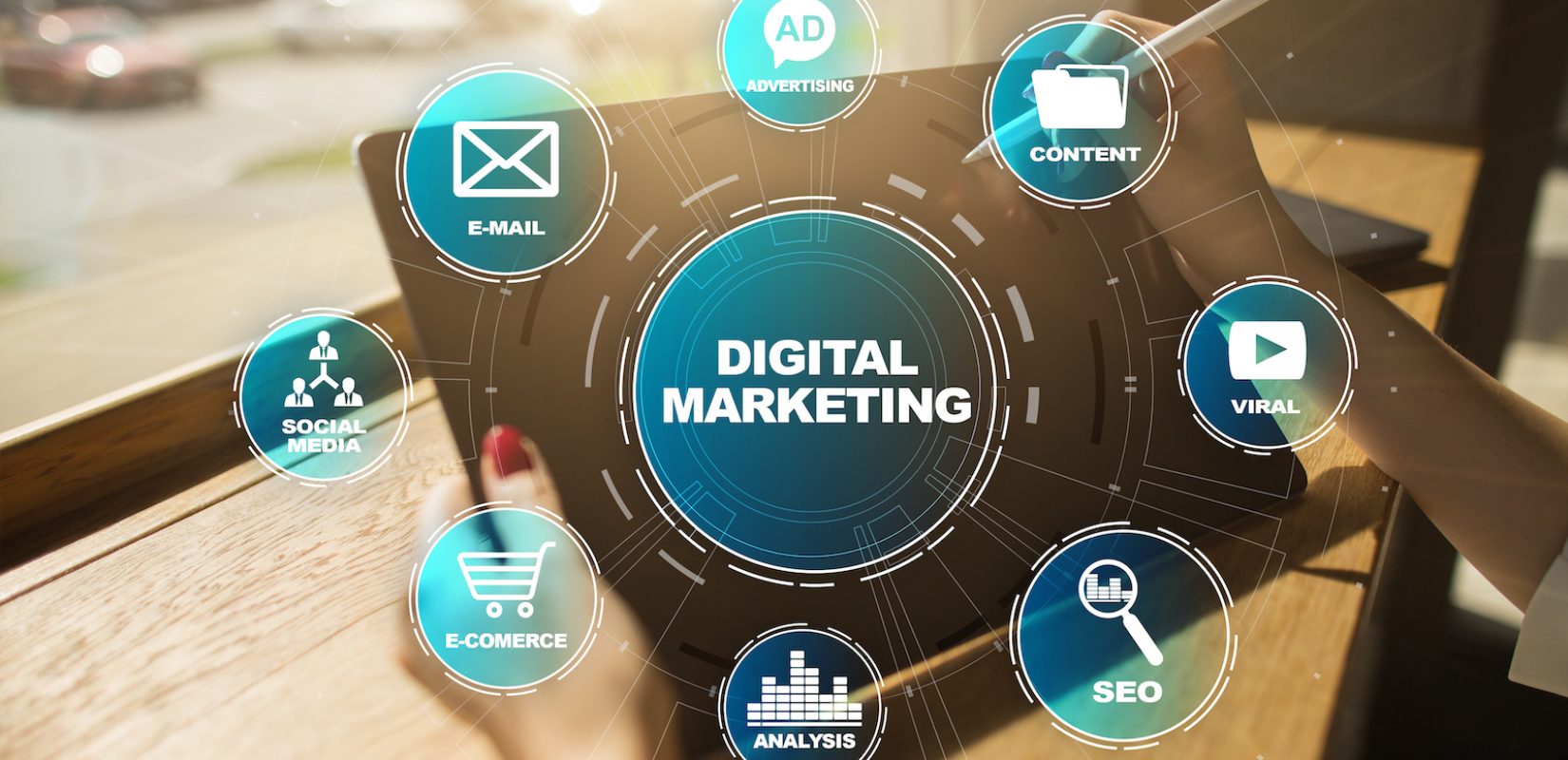 Digital marketing technology concept. Internet. Online. Search Engine Optimisation. SEO. SMM. Video Advertising.