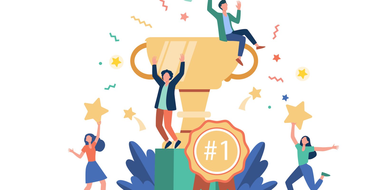 Team of happy employees winning award graphic